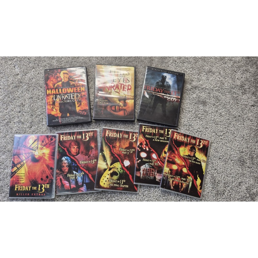 Friday the 13th DVD Lot‎ Of 6 plus Halloween unrated and The Hills Have Eyes